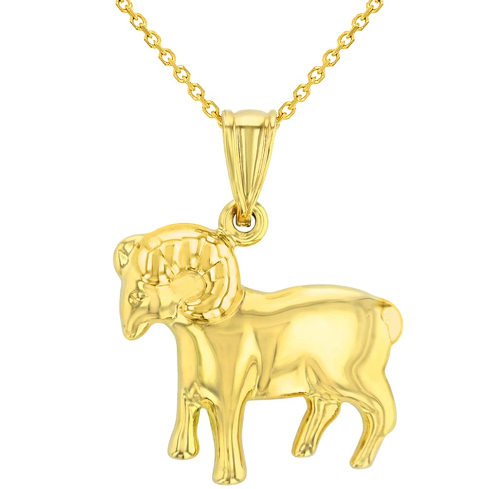 High Polish 14k Yellow Gold 3D Aries Zodiac Sign Ram Animal Pendant With Cable Chain Necklace