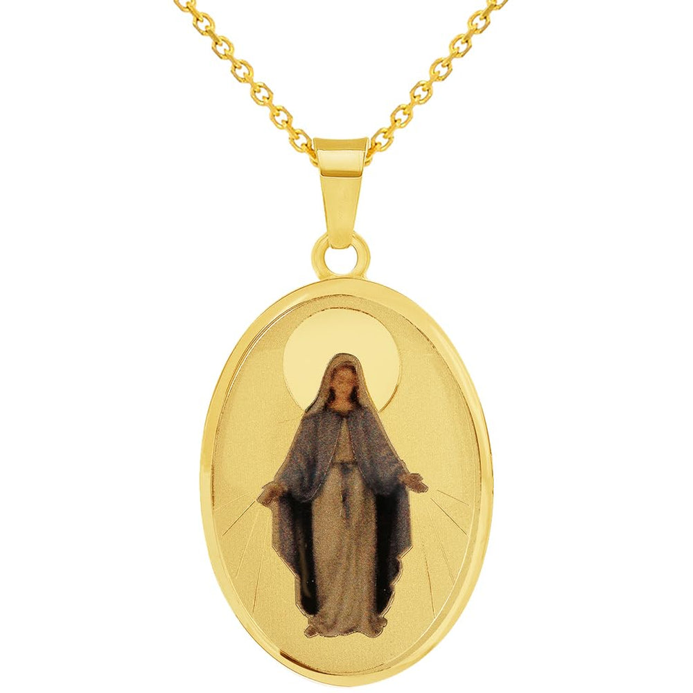 14k Yellow Gold Miraculous Medallion of the Virgin Mary Picture Pendant with Cable, Cuban Curb, or Figaro Chain Necklaces