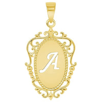 Load image into Gallery viewer, 14k Yellow Gold Elegant Filigree Oval Uppercase Initial Script Letter Plate Pendant - A to Z
