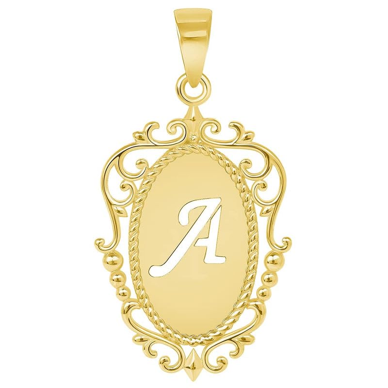 14k Yellow Gold Elegant Filigree Oval Uppercase Initial Script Letter Plate Pendant - A to Z