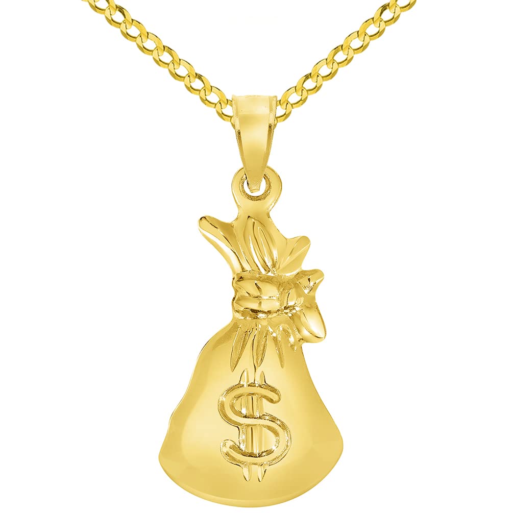 High Polish 14k Yellow Gold 3D Money Bag Charm Pendant with Cuban Curb Chain Necklace
