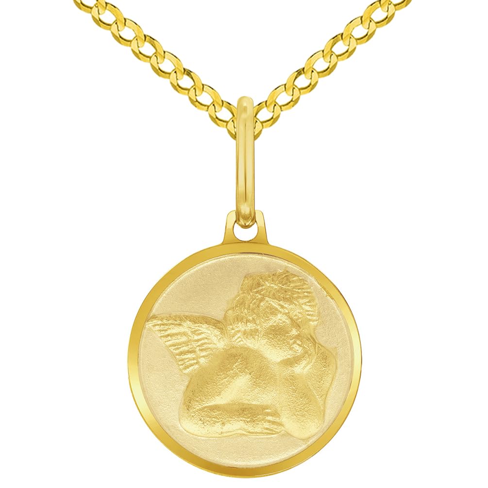 Solid 14k Yellow Gold Round Guardian Angel Medal Charm Pendant with Cuban Curb Chain Necklace - 3 Sizes