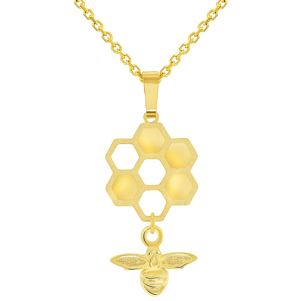 Jewelry America 14k Yellow Gold Honey Bee Dangling From Honeycomb Pendant With Cable Chain Necklace