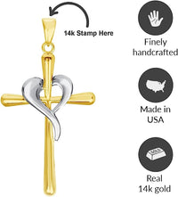 Load image into Gallery viewer, Jewelry America 14k Two-Tone Gold Religious Cross and Heart Pendant with Cable Chain Necklaces
