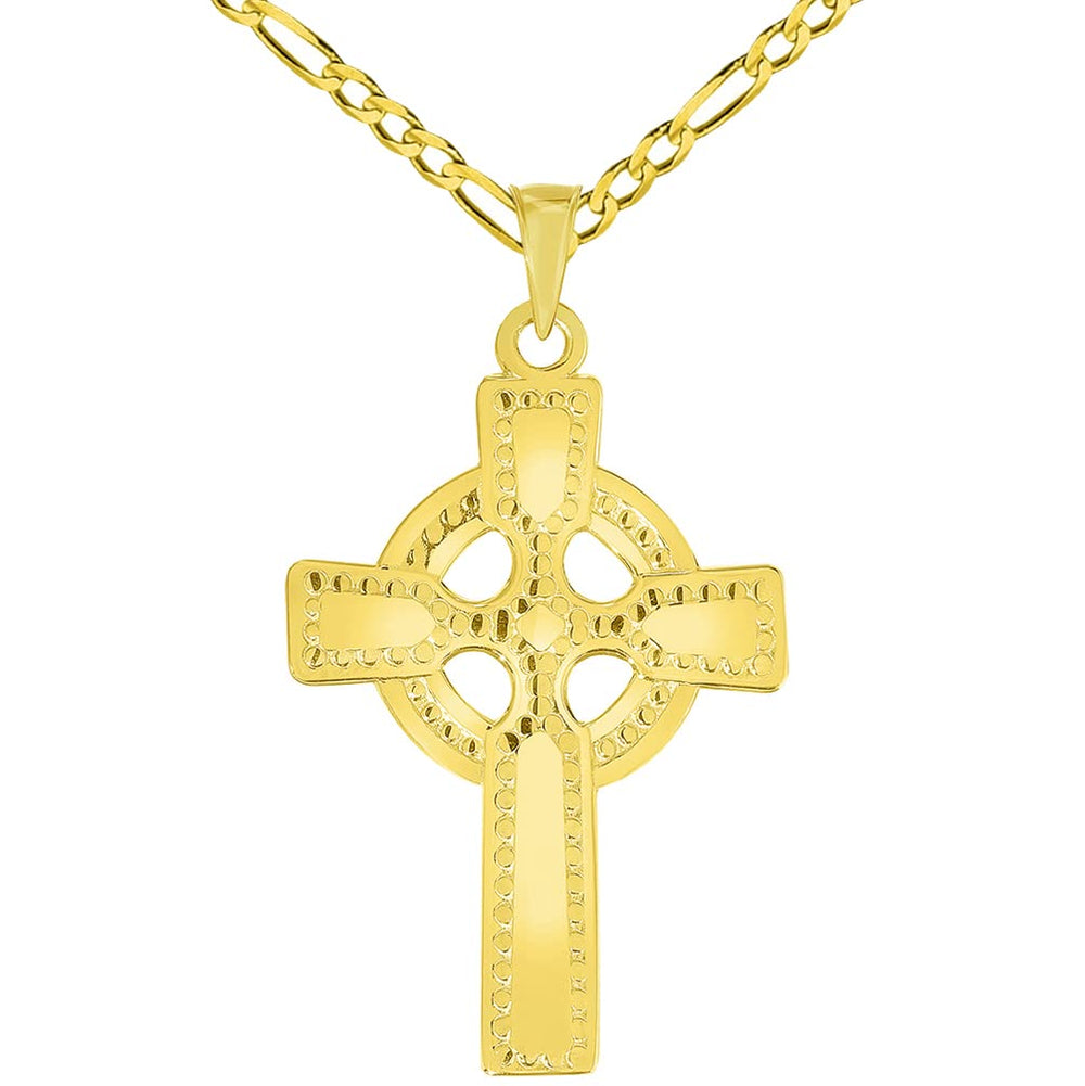 Solid 14k Yellow Gold Religious Celtic Cross Pendant with Figaro Chain Necklace