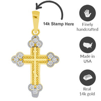 Load image into Gallery viewer, Solid 14k Yellow Gold Small C-Z Eastern Orthodox Cross Charm Pendant with Rolo Figaro Chain Necklace
