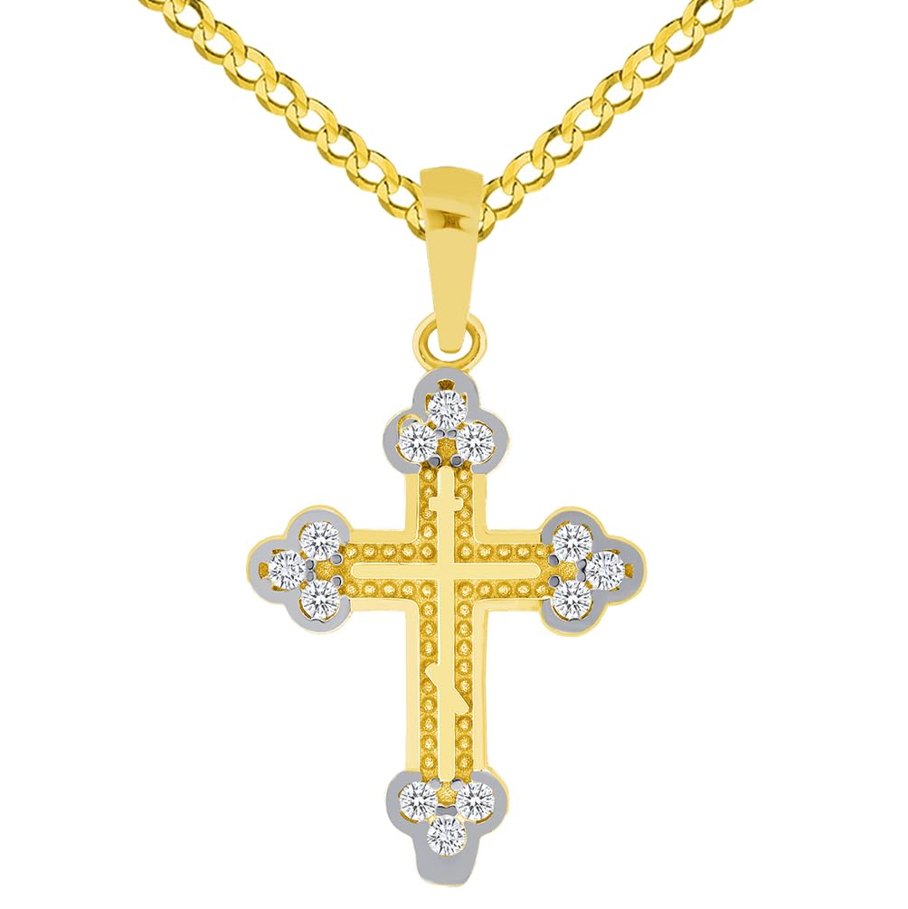 10k Yellow Gold Eastern Orthodox Cross Pendant With CZ Stones - Handcrafted In USA