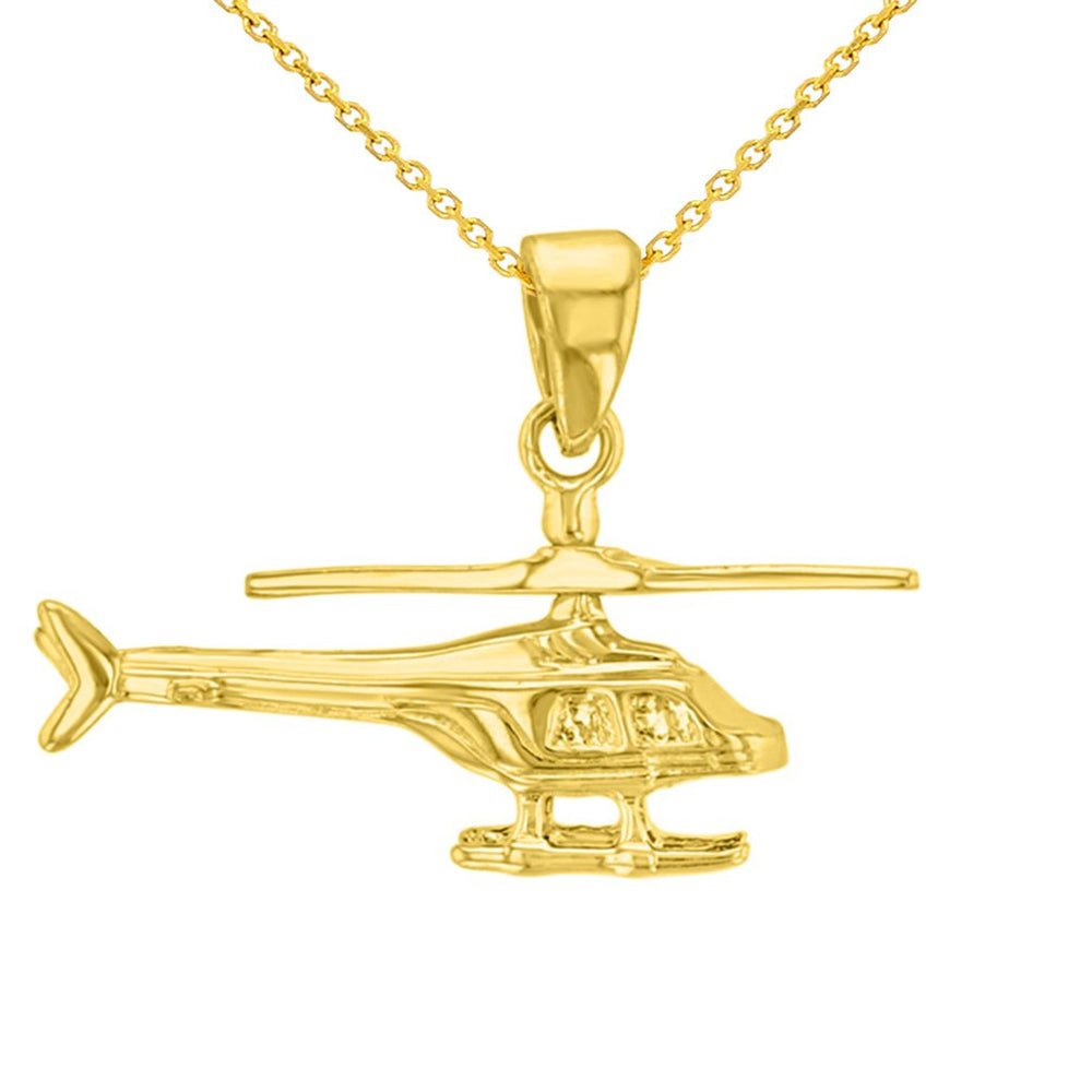 Solid 14K Yellow Gold Helicopter with Motion Moving Propeller Pendant With Cable Chain Necklace