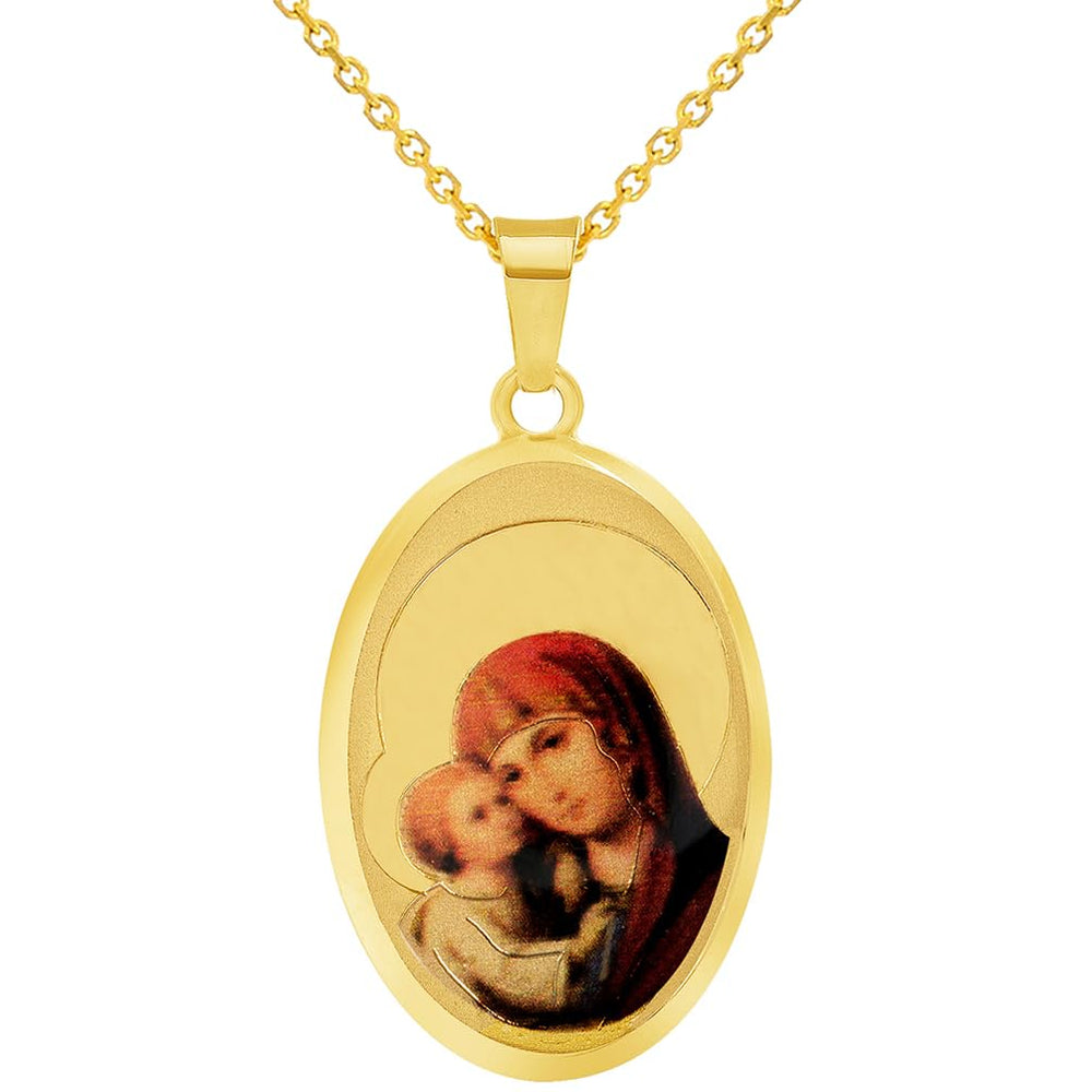 14k Yellow Gold God Bless Us Virgin Mary and Jesus Picture Pendant with Cable, Cuban Curb, or Figaro Chain Necklaces