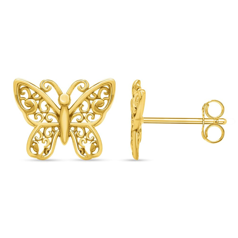 Solid 14k Yellow Gold Filigree Butterfly Stud Earrings with Push Back
