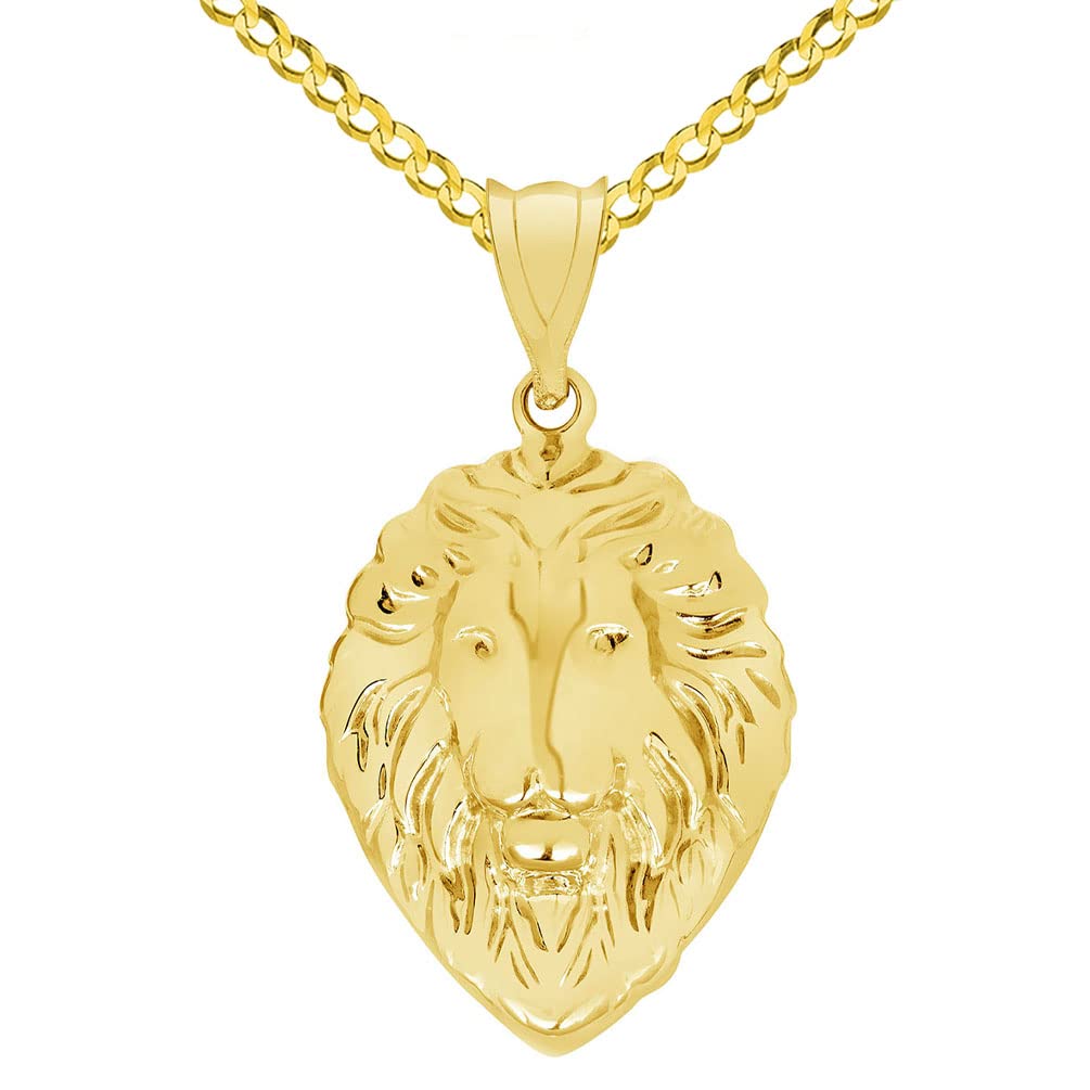 14k Yellow Gold High Polish Lion Head Charm Animal Pendant with Cuban Curb Chain Necklace