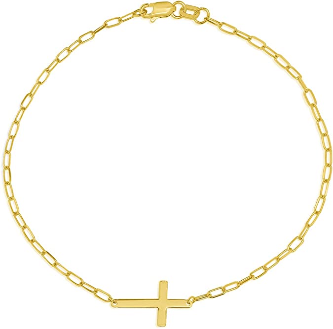 14k Yellow Gold Sideways Cross Paperclip Chain Bracelet with Lobster Clasp