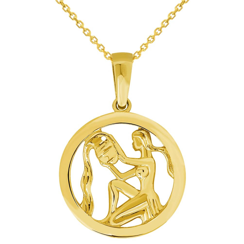 14k Yellow Gold Round Zodiac Sign Charm Horoscope Pendant Necklace (Small)