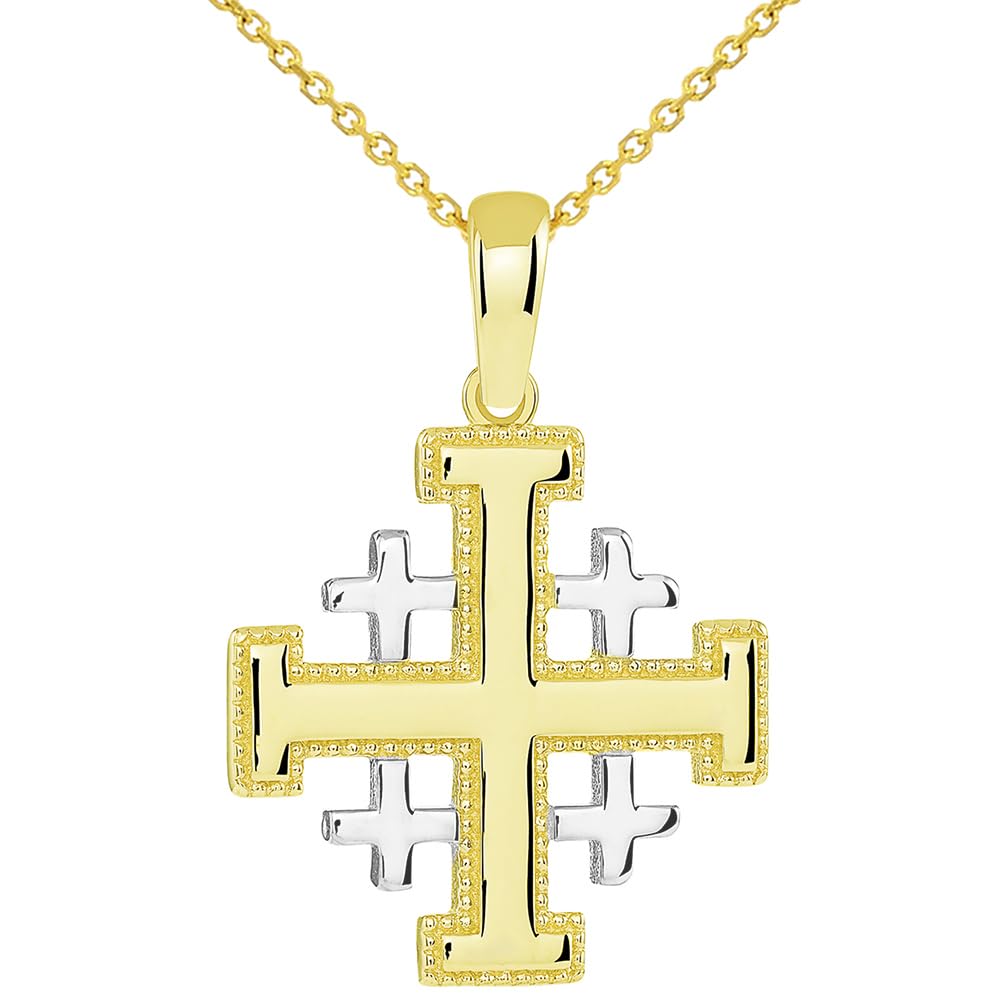 Solid 14k Yellow Gold Crusaders Jerusalem Cross Pendant with Cable Chain Necklaces