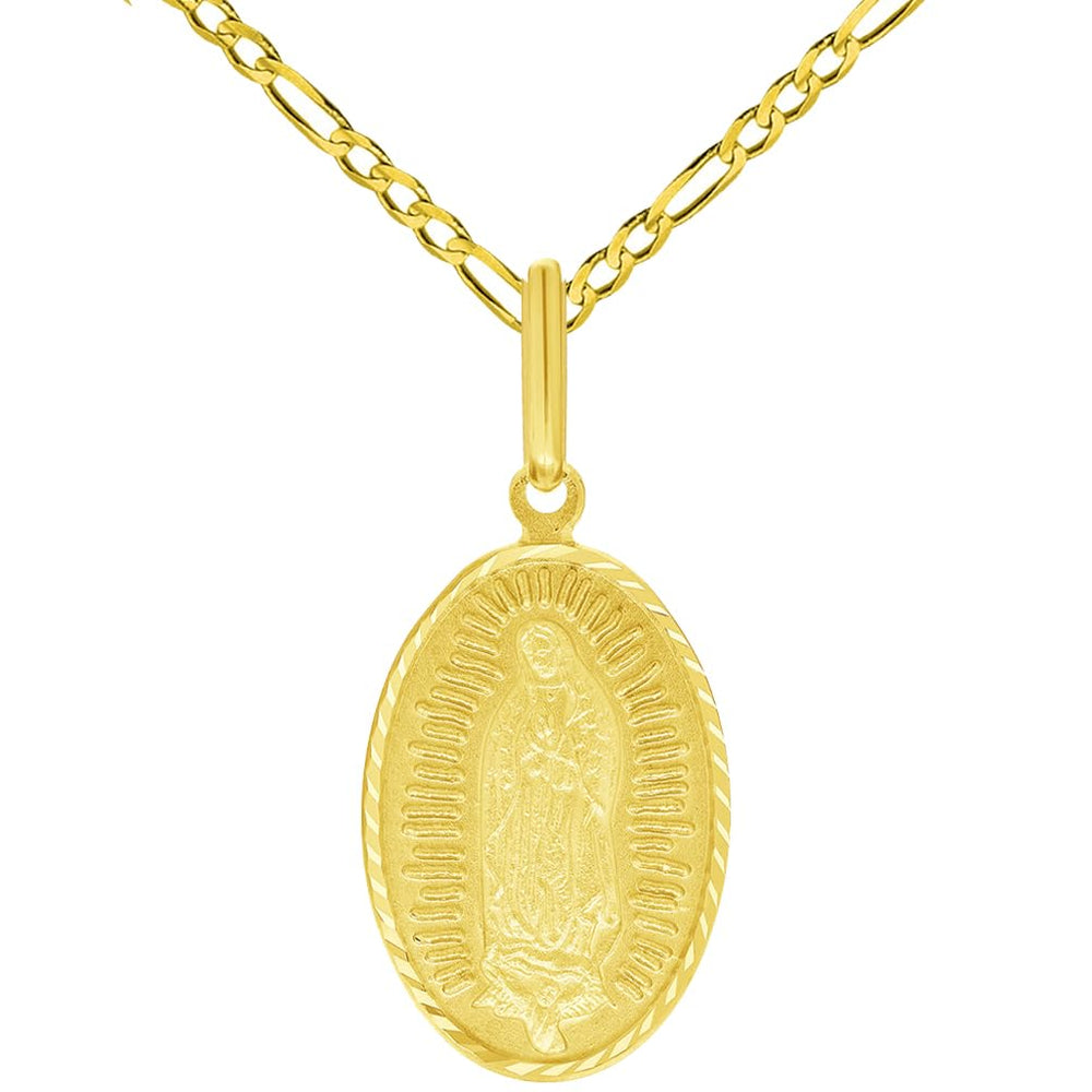 Solid 14k Yellow Gold Our Lady of Guadalupe Oval Pendant Figaro Chain Necklace - 3 Sizes