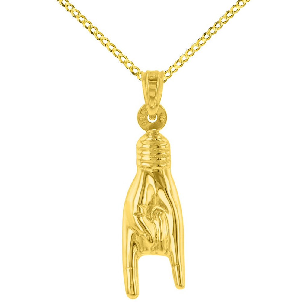 14K Yellow Gold Hand Charm Mano Cornuto Good Luck Sign Pendant Curb Chain Necklace