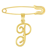 Load image into Gallery viewer, 14k Yellow Gold Elegant Script Letter Cursive Initial Charm with Safety Pin Brooch - A to Z
