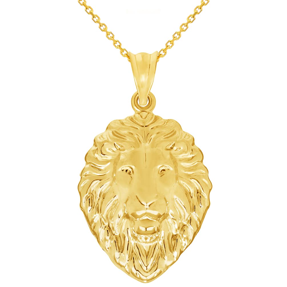 14k Yellow Gold High Polish Lion Head Charm Animal Pendant Necklace, 1.1 inch Height