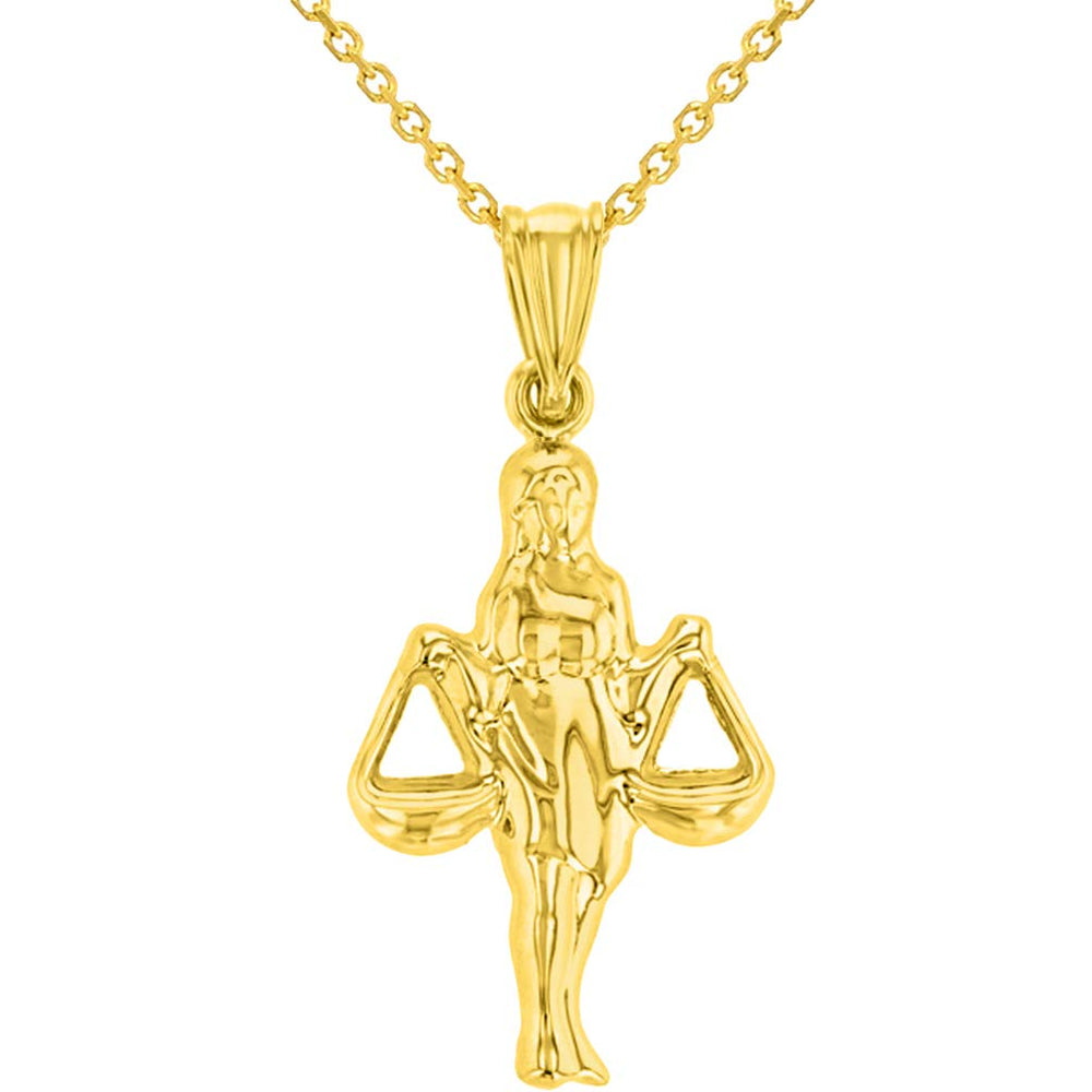 High Polish 14k Yellow Gold 3D Aquarius Water-Bearer Zodiac Sign Charm Pendant With Cable Chain Necklace