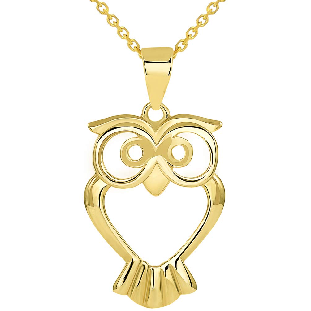 Jewelry America Solid 14K Yellow Gold Open Big Eyes Owl Animal Pendant with Cable Chain Necklaces