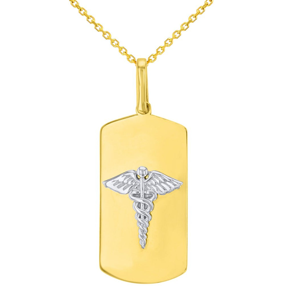 Solid 14K Two Tone Gold Caduceus Charm Medical Symbol Pendant with Cable Chain Necklaces