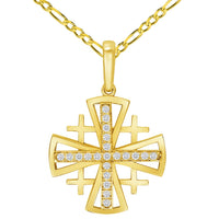 Load image into Gallery viewer, 14k Yellow Gold Cubic-Zirconia Christian Crusaders Jerusalem Cross Pendant with Rolo Figaro Chain Necklace
