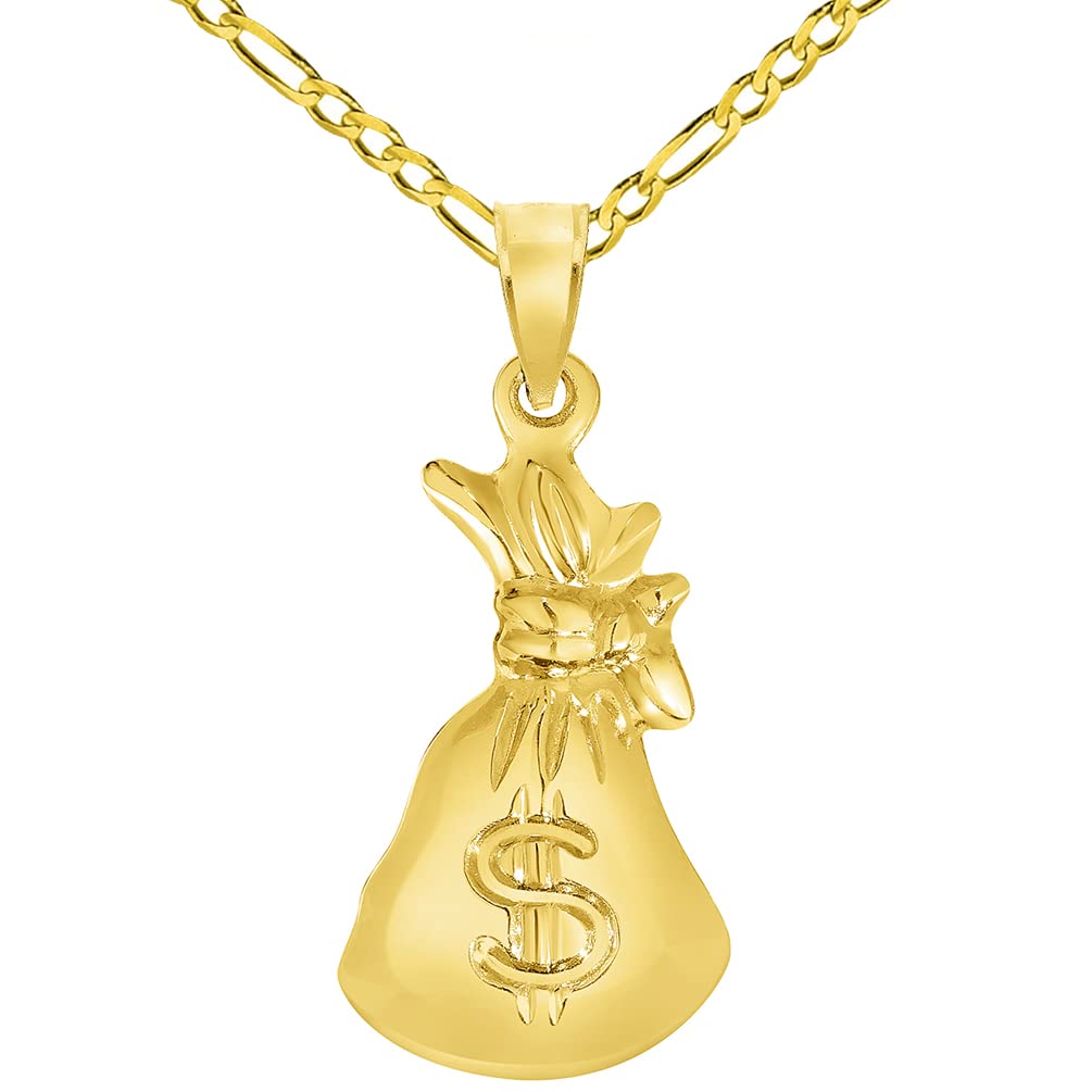 High Polish 14k Yellow Gold 3D Money Bag Charm Pendant with Figaro Chain Necklace