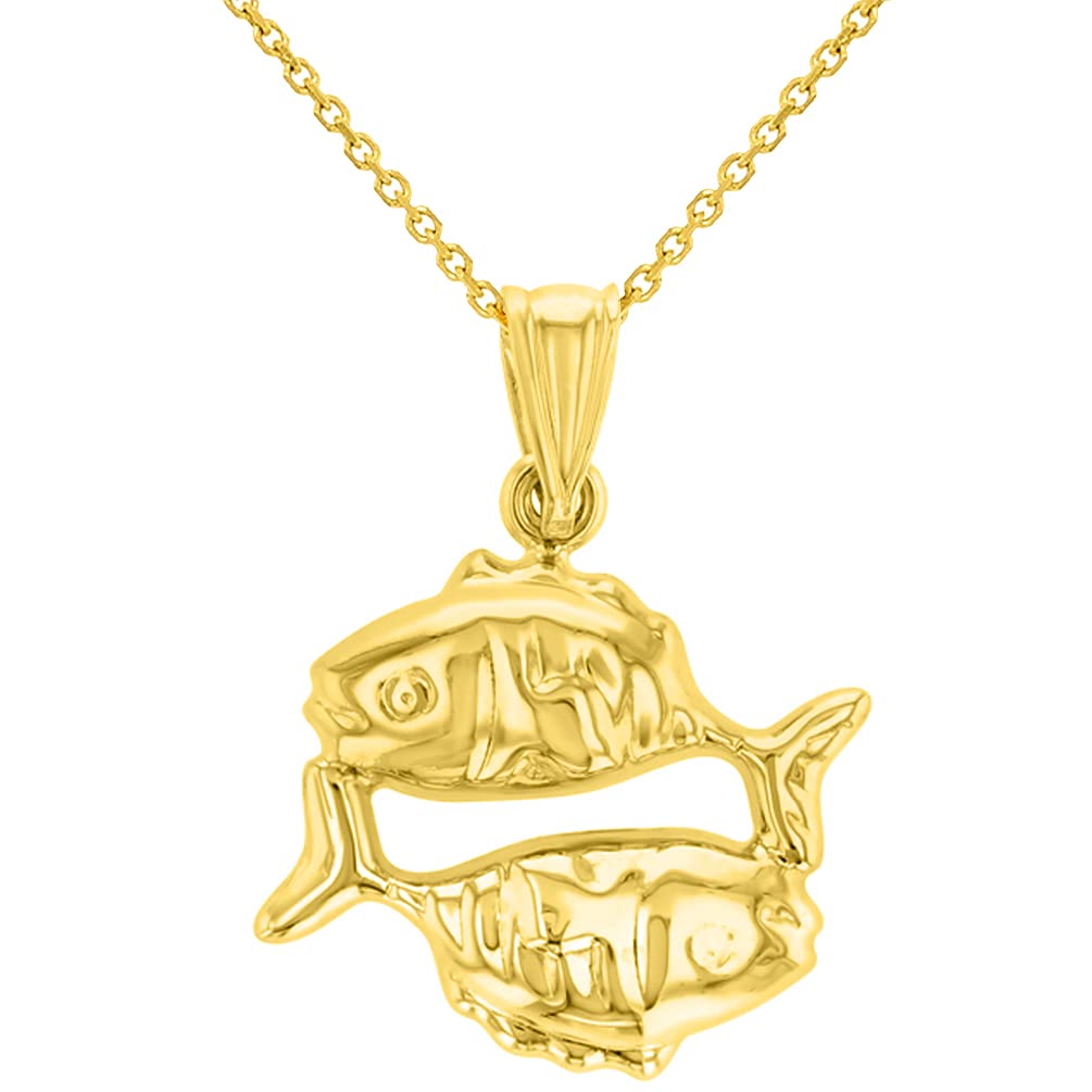 High Polish 14k Yellow Gold 3D Pisces Zodiac Sign Charm Fish Animal Pendant With Cable Chain Necklace