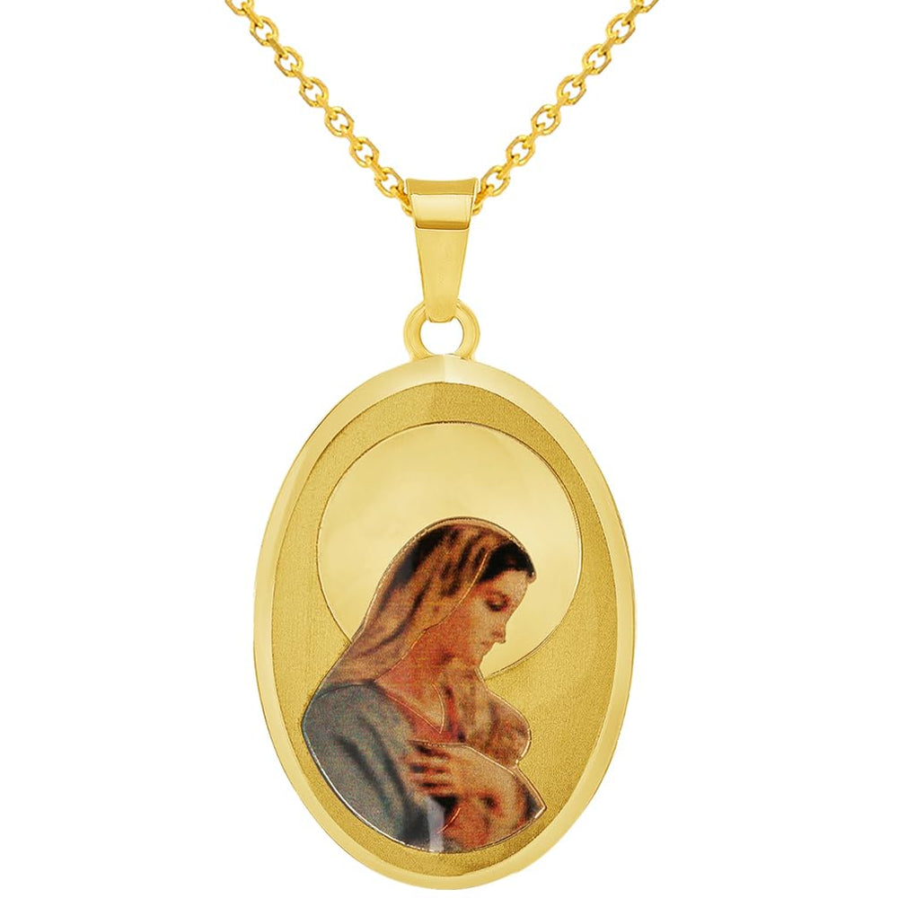 14k Yellow Gold Holy Mary Pray For Us Picture Pendant with Cable, Cuban Curb, or Figaro Chain Necklaces