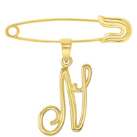 Load image into Gallery viewer, 14k Yellow Gold Elegant Script Letter Cursive Initial Charm with Safety Pin Brooch - A to Z
