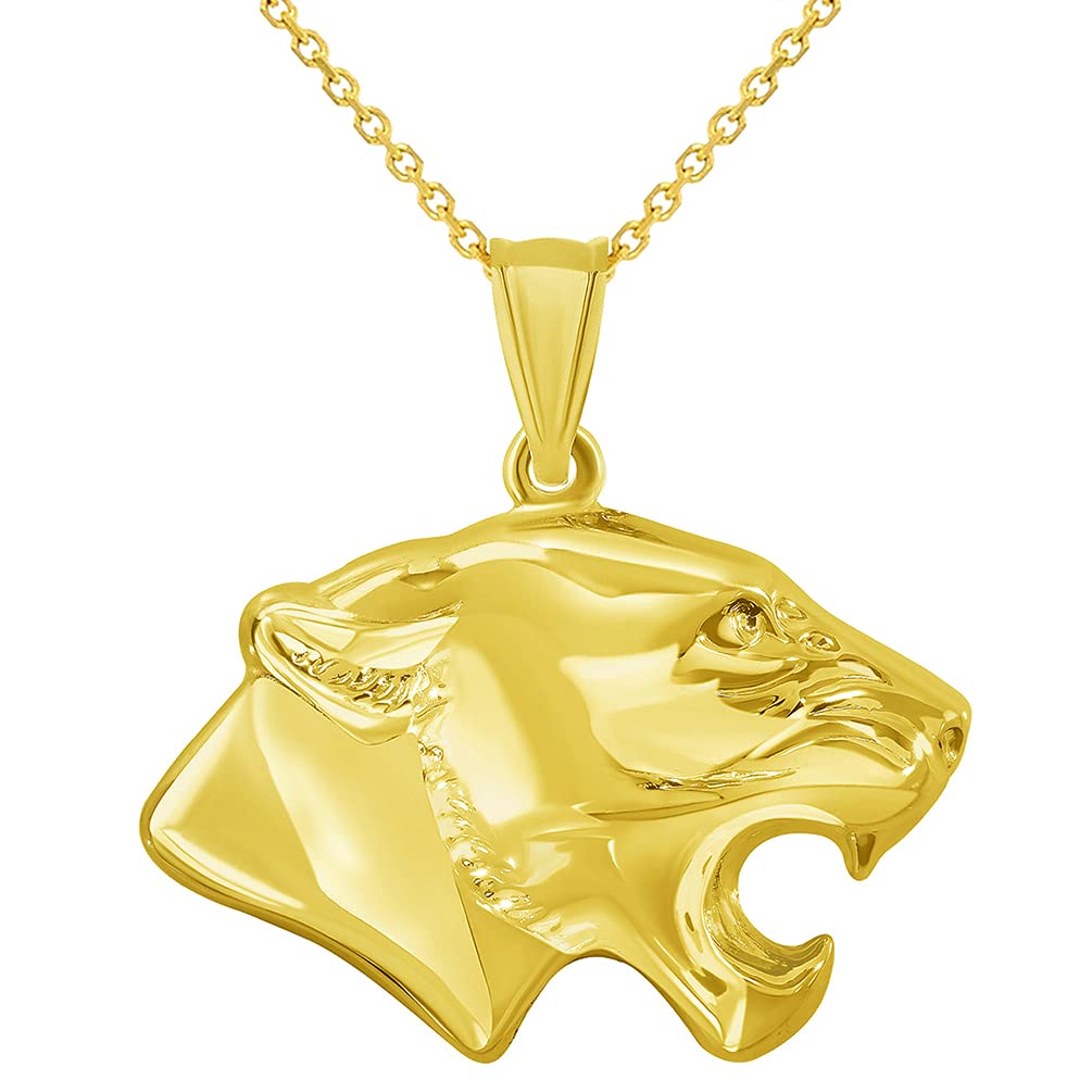 Jewelry America 14k Yellow Gold 3D Jaguar Head Animal Pendant With Cable Chain Necklace