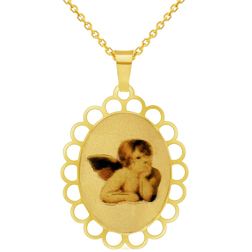 14k Yellow Gold Guardian Angel Picture Pendant with Cable, Cuban Curb, or Figaro Chain Necklaces