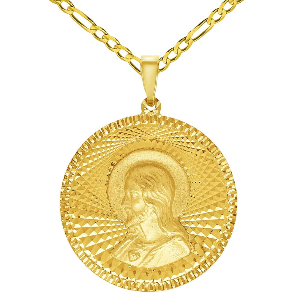 14k Yellow Gold Round Sacred Heart of Jesus Charm Textured Medallion Pendant with Figaro Chain Necklace - 3 Sizes