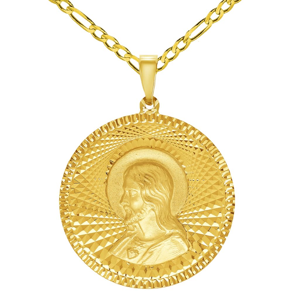 14k Yellow Gold Round Sacred Heart of Jesus Charm Textured Medallion Pendant with Figaro Chain Necklace - 3 Sizes