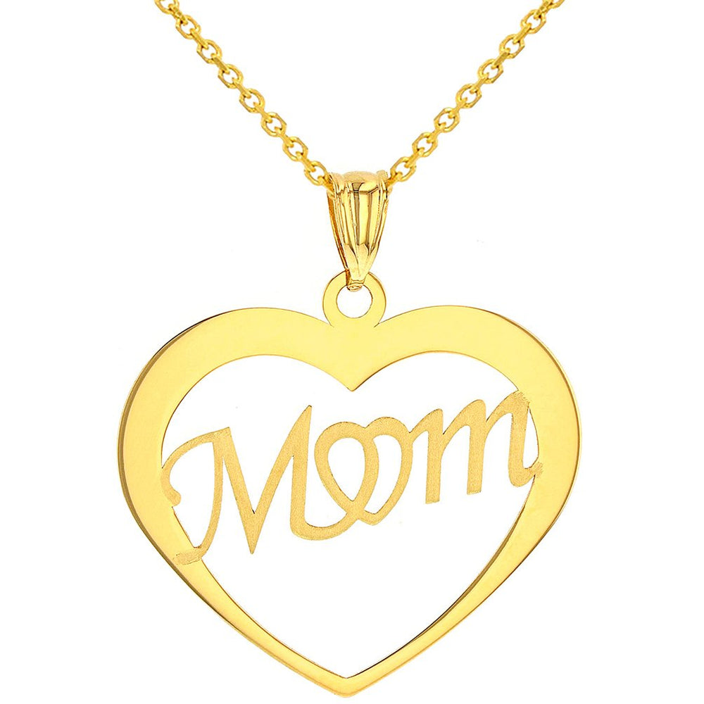 Solid 14K Yellow Gold Simple Heart with Mom Pendant with Cable Chain Necklaces