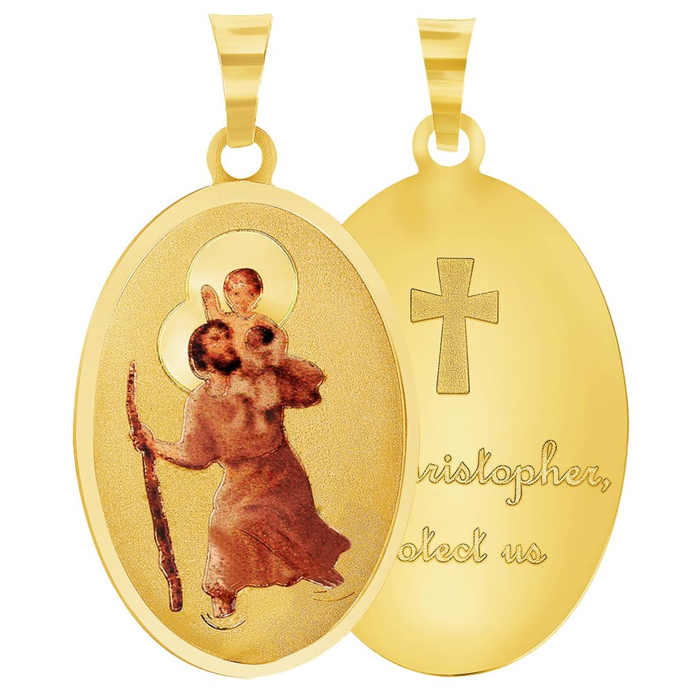 14k Yellow Gold Saint Christopher Protect Us Picture Pendant