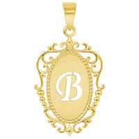 Load image into Gallery viewer, 14k Yellow Gold Elegant Filigree Oval Uppercase Initial Script Letter Plate Pendant - A to Z
