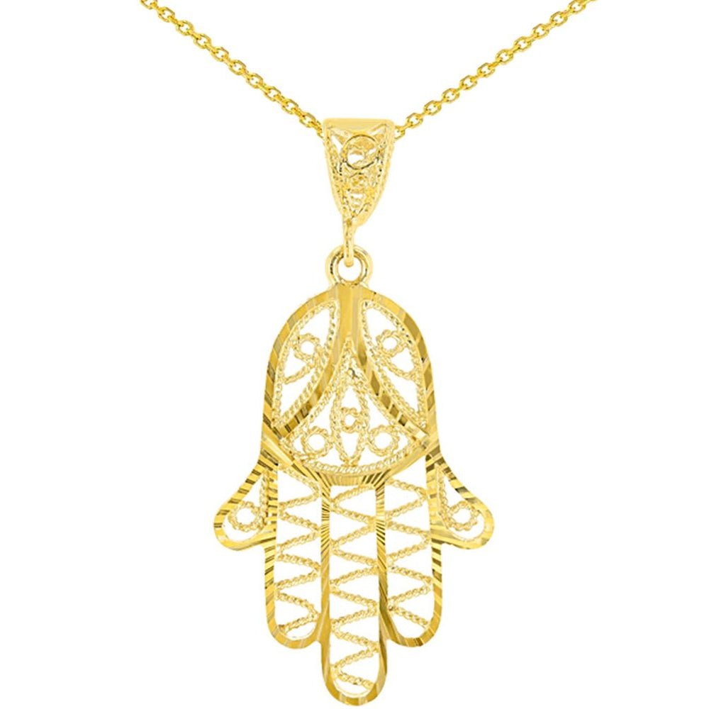 14K Yellow Gold Filigree Hamsa Charm Textured Hand of God Pendant with Cable Chain Necklaces
