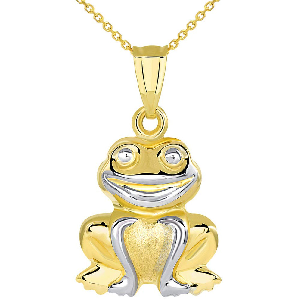 High Polished 14K Yellow Gold Smiling Frog Charm 3D Animal Pendant with Cable Chain Necklaces