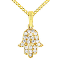 Load image into Gallery viewer, Solid 14K Yellow Gold Cubic Zirconia Hamsa Hand of Fatima Charm Pendant with Cuban Chain Necklace
