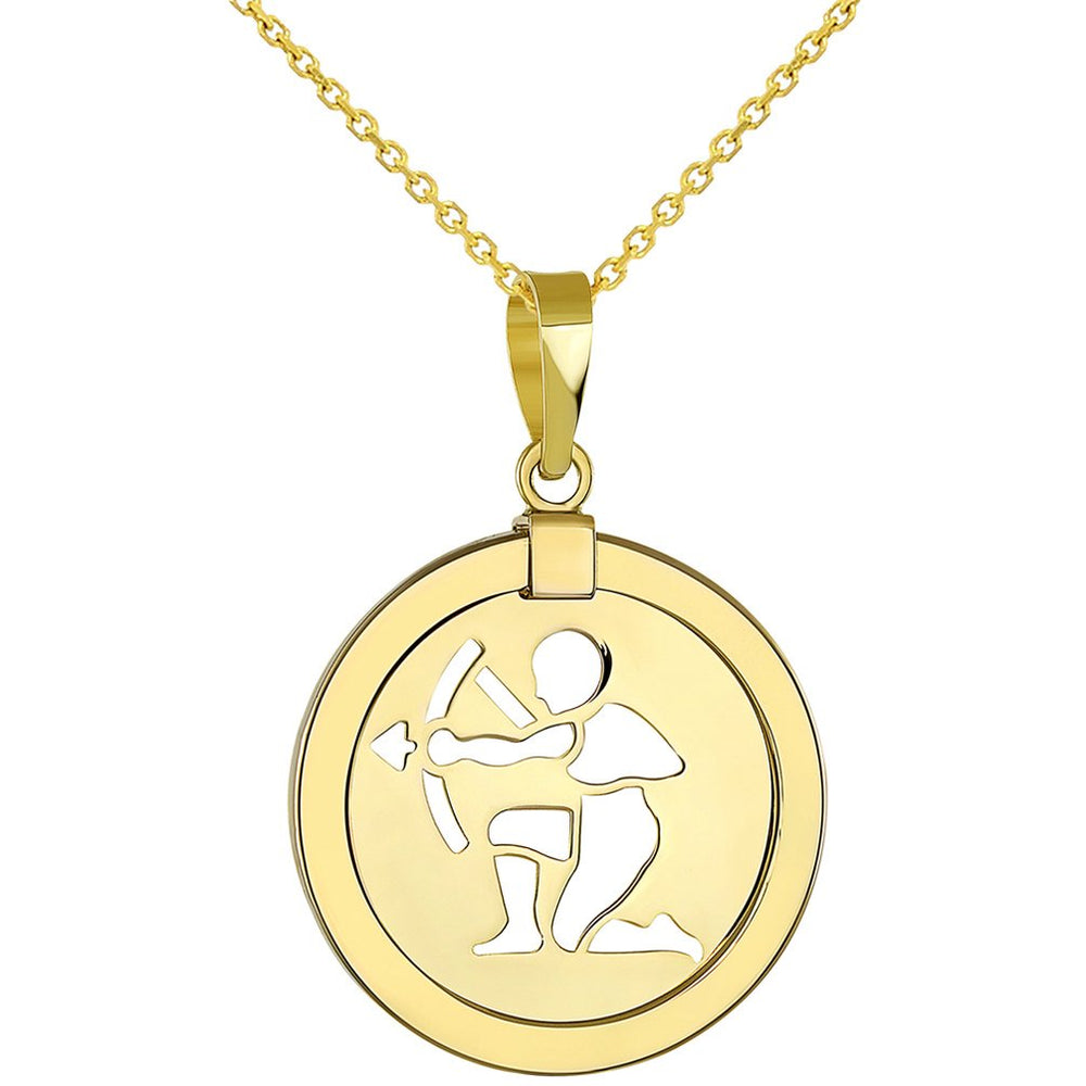 14K Yellow Gold Reversible Round Sagittarius Zodiac Sign Pendant With Cable Chain Necklace