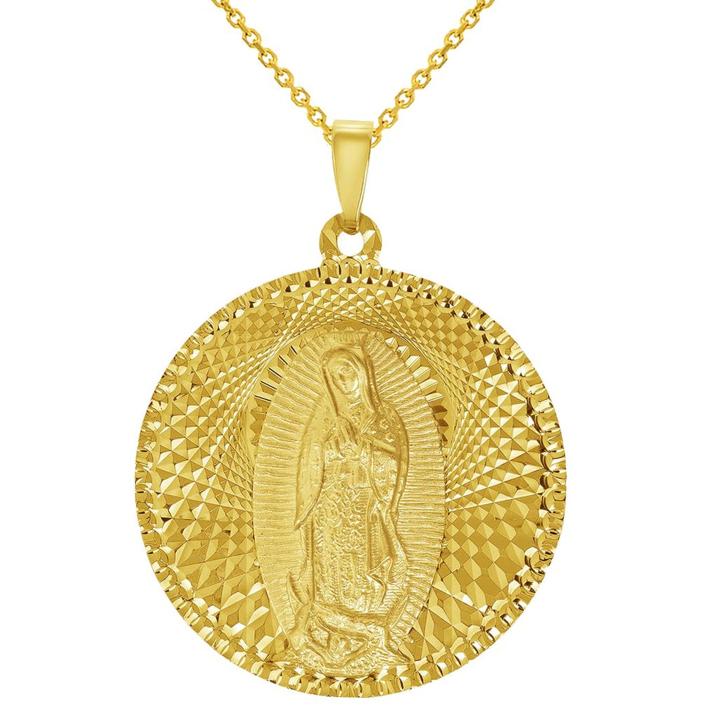 14k Yellow Gold Round Shaped Our Lady Of Guadalupe Charm Textured Medallion Pendant Necklace - 5 Sizes