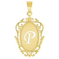 Load image into Gallery viewer, 14k Yellow Gold Elegant Filigree Oval Uppercase Initial Script Letter Plate Pendant - A to Z
