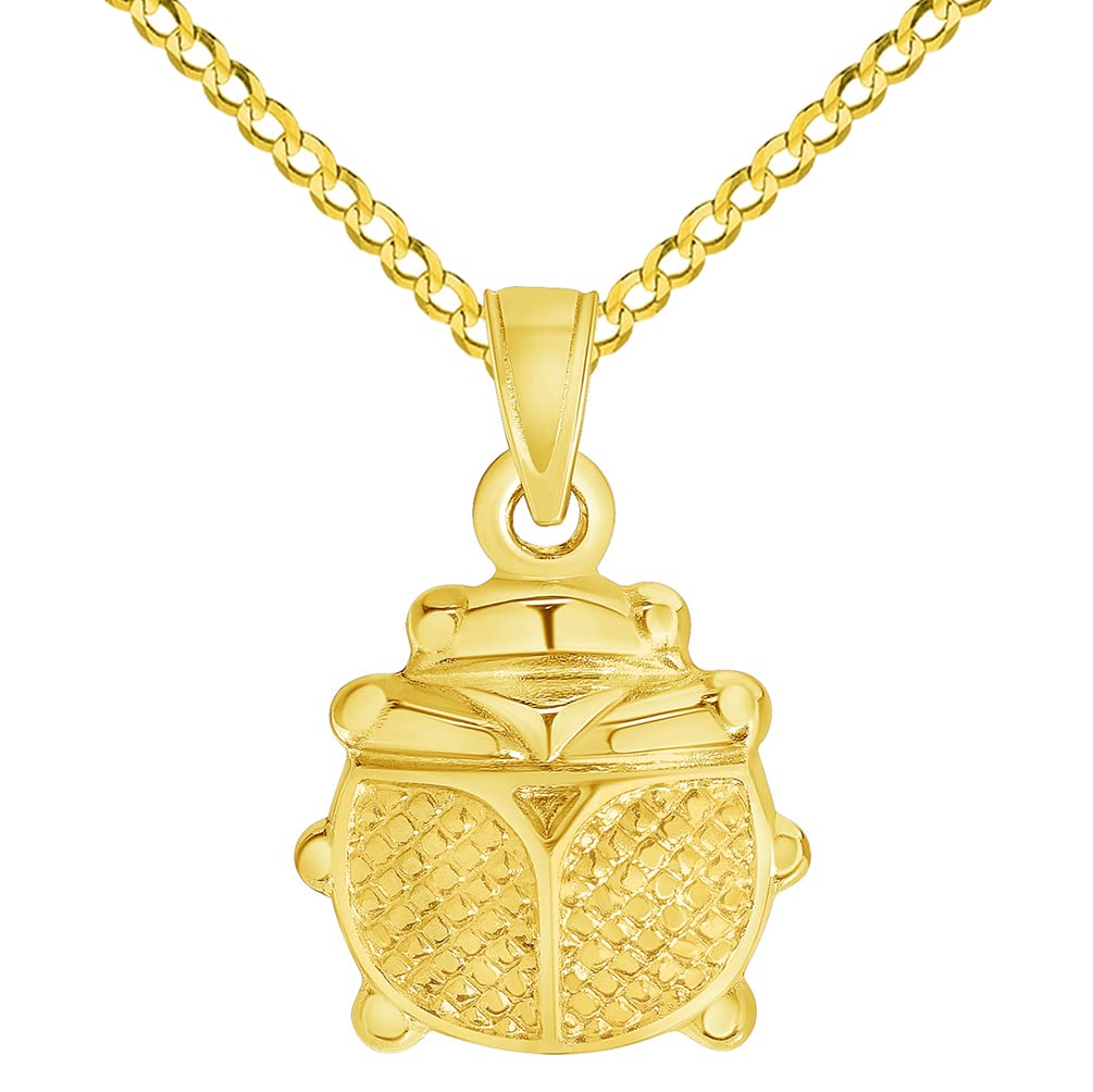 14k Yellow Gold 3D Ladybug Charm Good Luck Pendant with Cuban Curb Chain Necklace