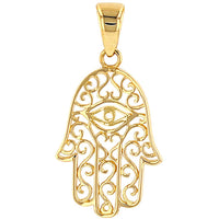 Load image into Gallery viewer, Solid 14K Yellow Gold Filigree Hamsa Hand of Fatima with Evil Eye Pendant Figaro Chain Necklace
