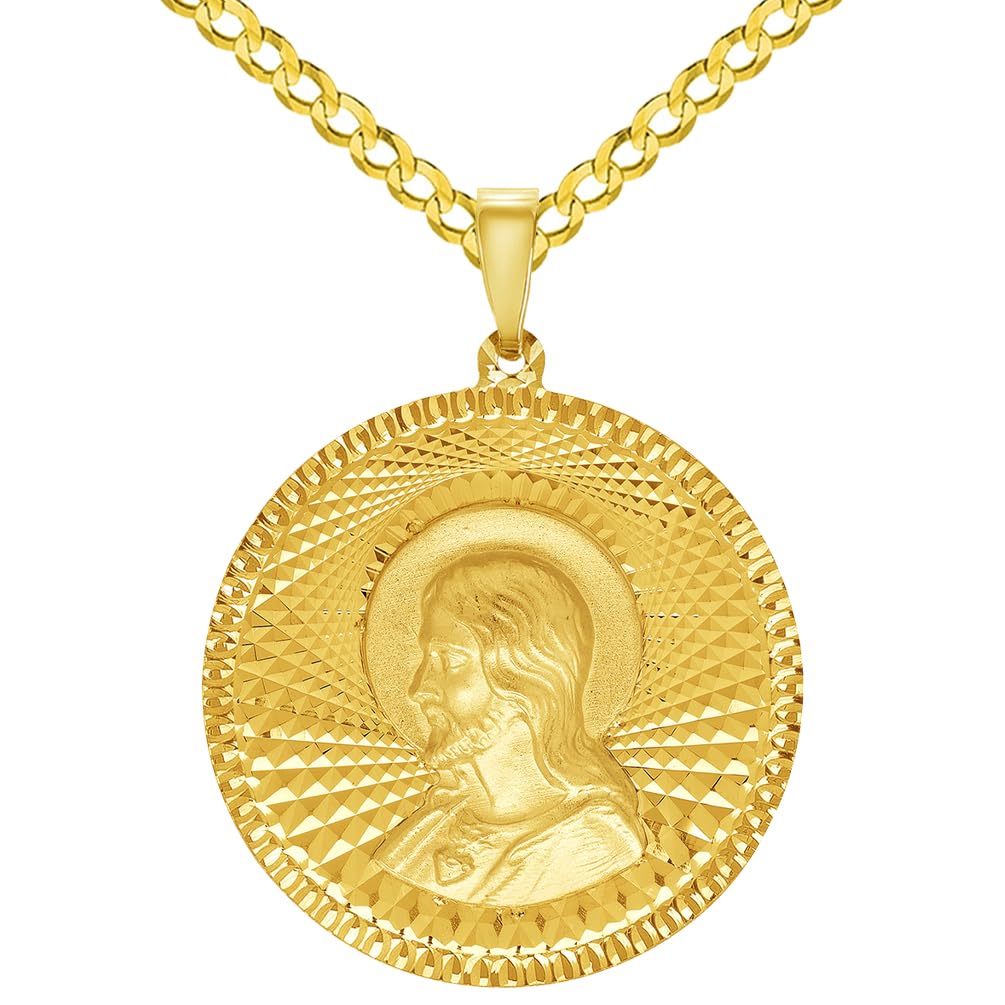 14k Yellow Gold Round Sacred Heart of Jesus Charm Textured Medallion Pendant with Cuban Link Curb Chain Necklace