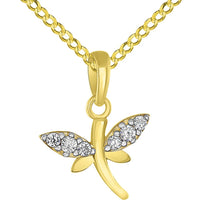 Load image into Gallery viewer, Solid 14K Yellow Gold Dainty Cubic Zirconia Studded Dragonfly Charm Pendant with Cuban Chain Necklace
