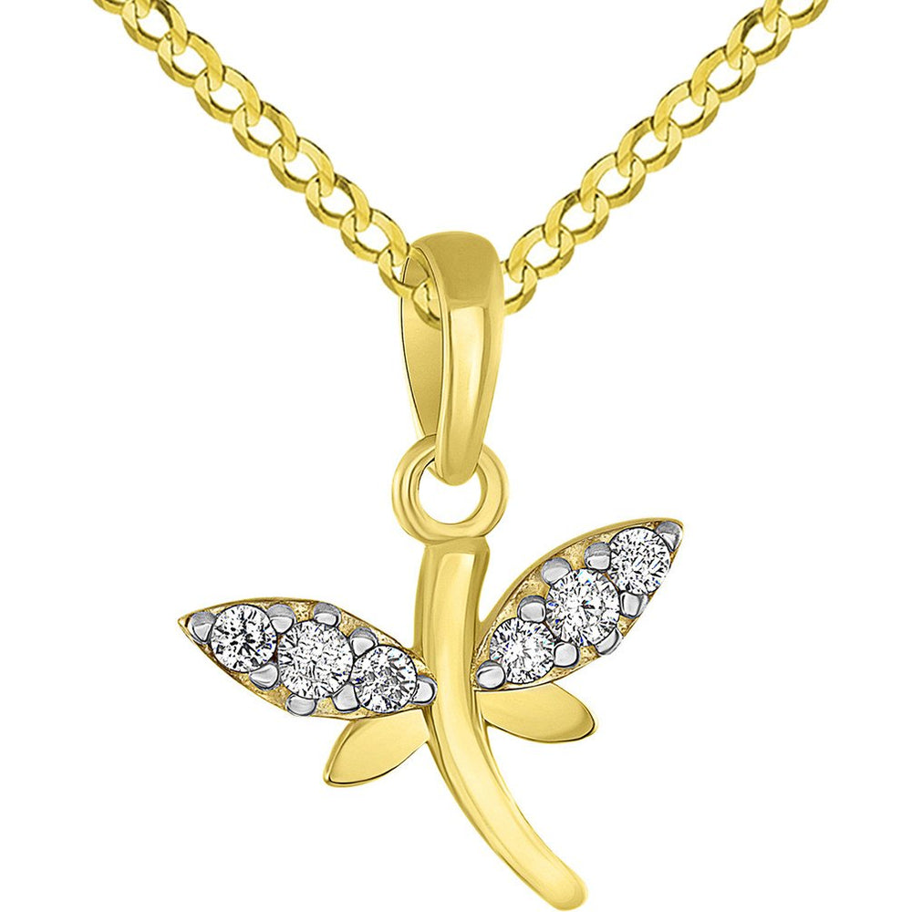 Solid 14K Yellow Gold Dainty Cubic Zirconia Studded Dragonfly Charm Pendant with Cuban Chain Necklace