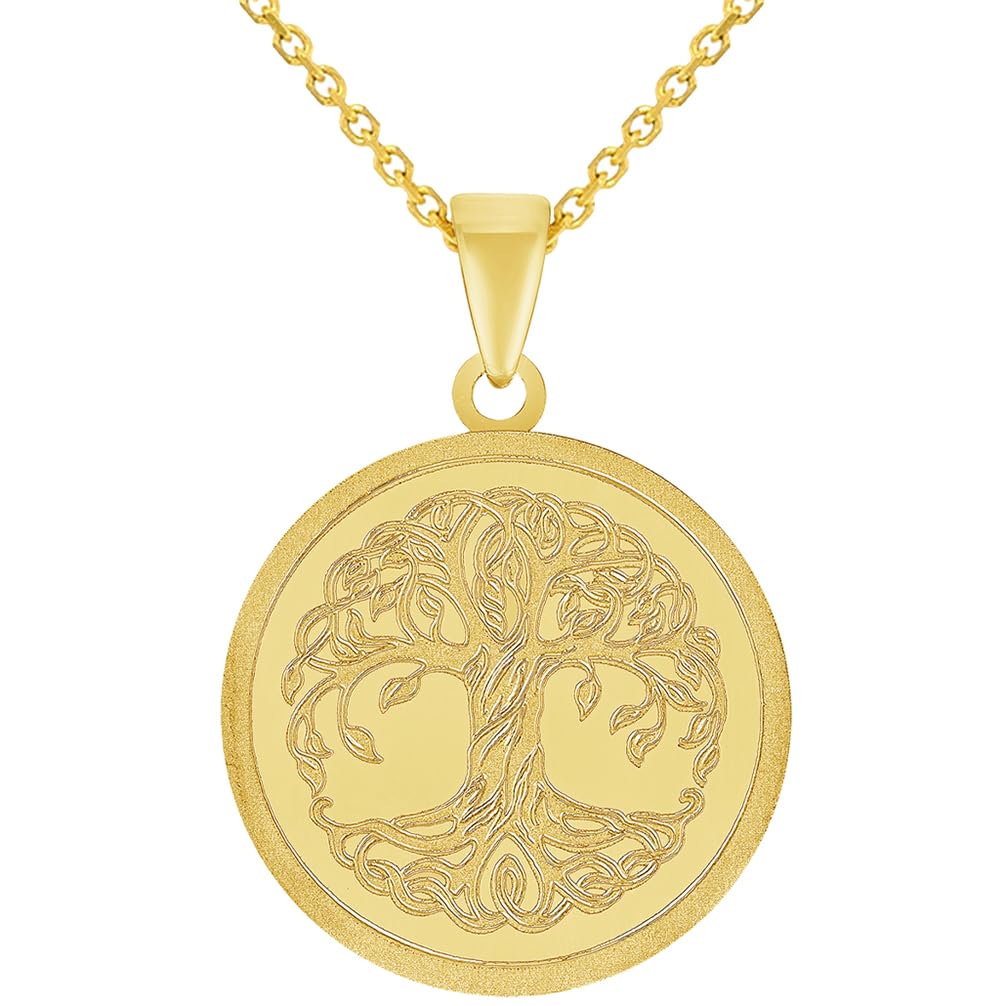 14k Solid Yellow Gold Tree of Life Medallion Pendant with Rolo Cable Chain Necklace