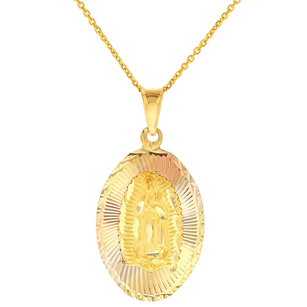 Textured 14k Gold Saint Virgin Mary Guadalupe and Jesus Christ Reversible Pendant Necklace